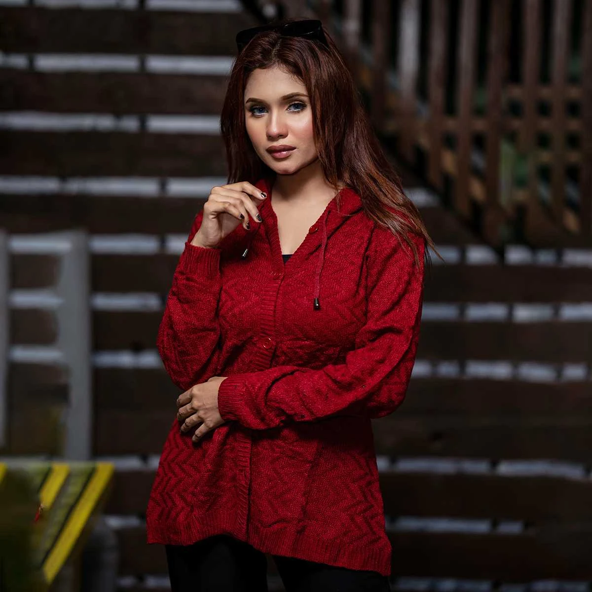 Women’s Maroon Knit Hoodie Cardigan - Image 3