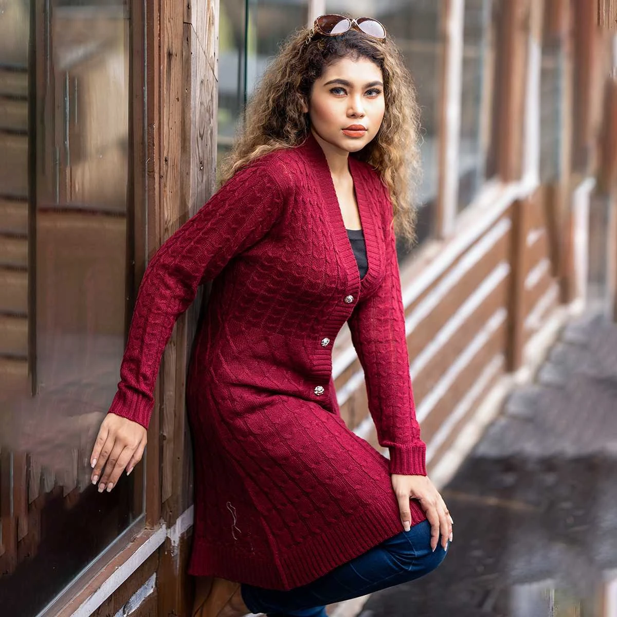 Women Long Maroon Knit Cardigan - Image 4