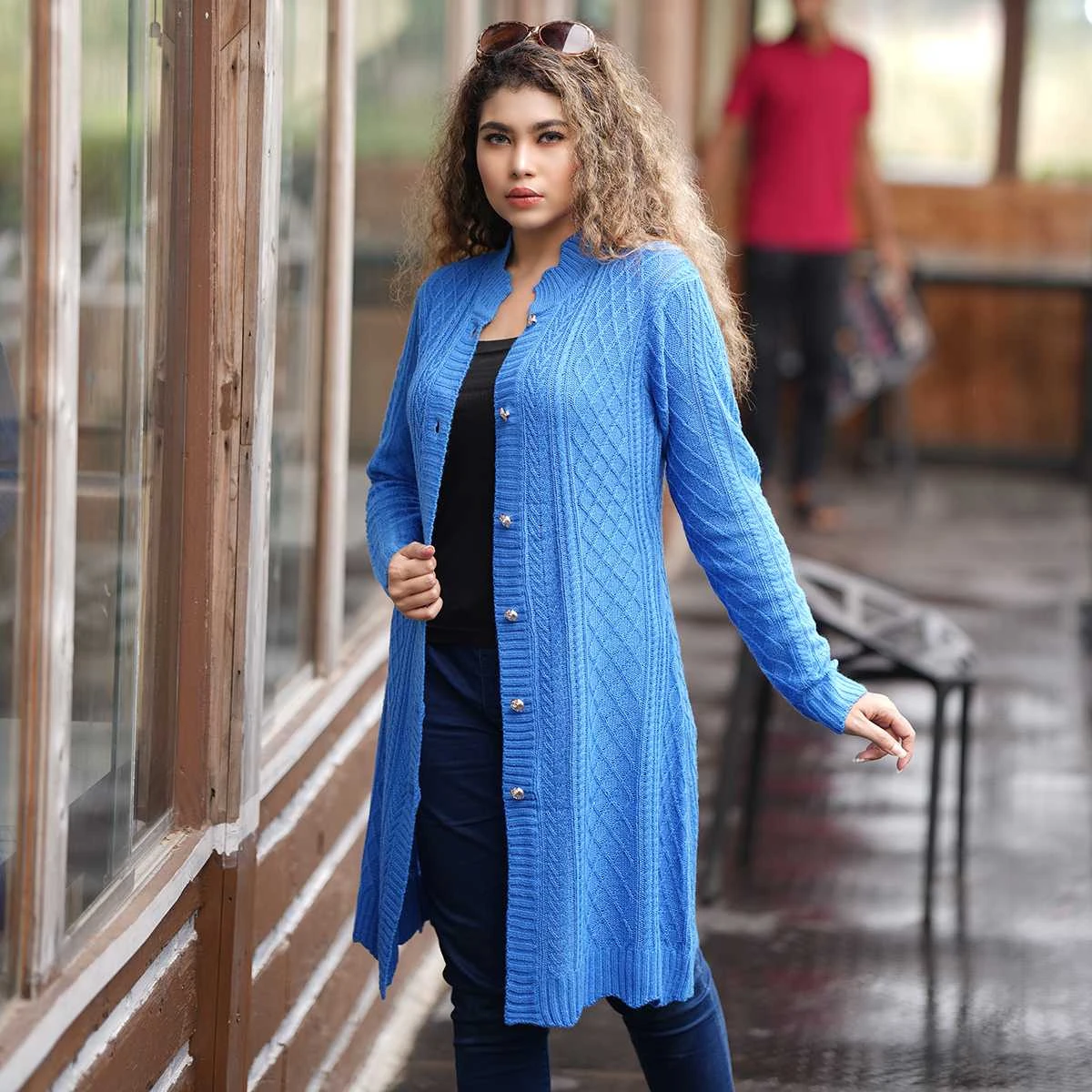 Women’s Long Sky Blue Knit Cardigan - Image 4