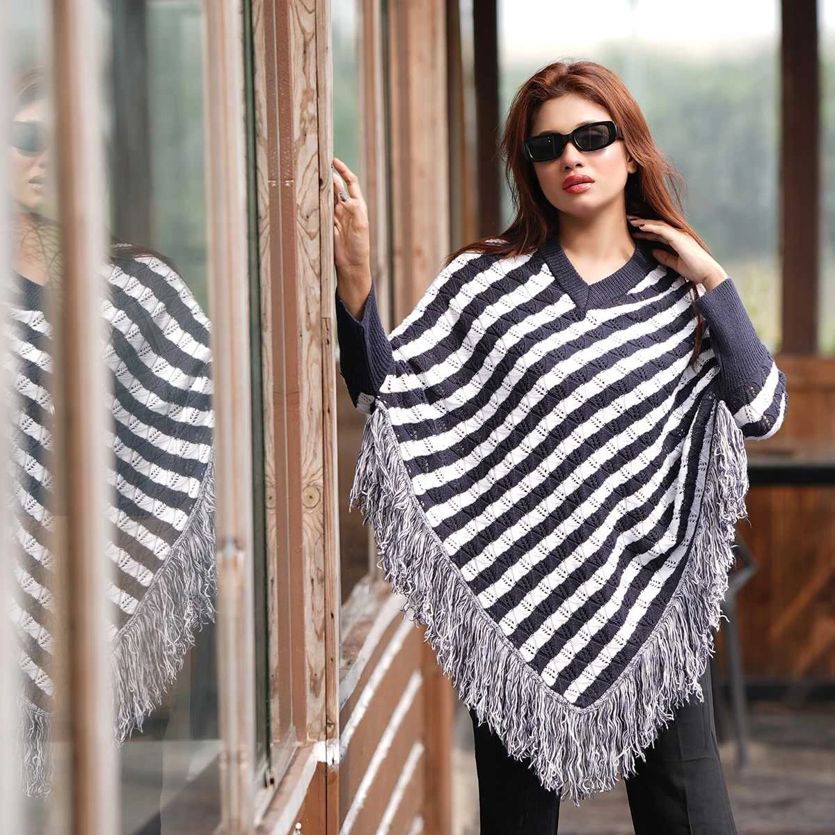 Women’s Black & White Striped Knit Poncho