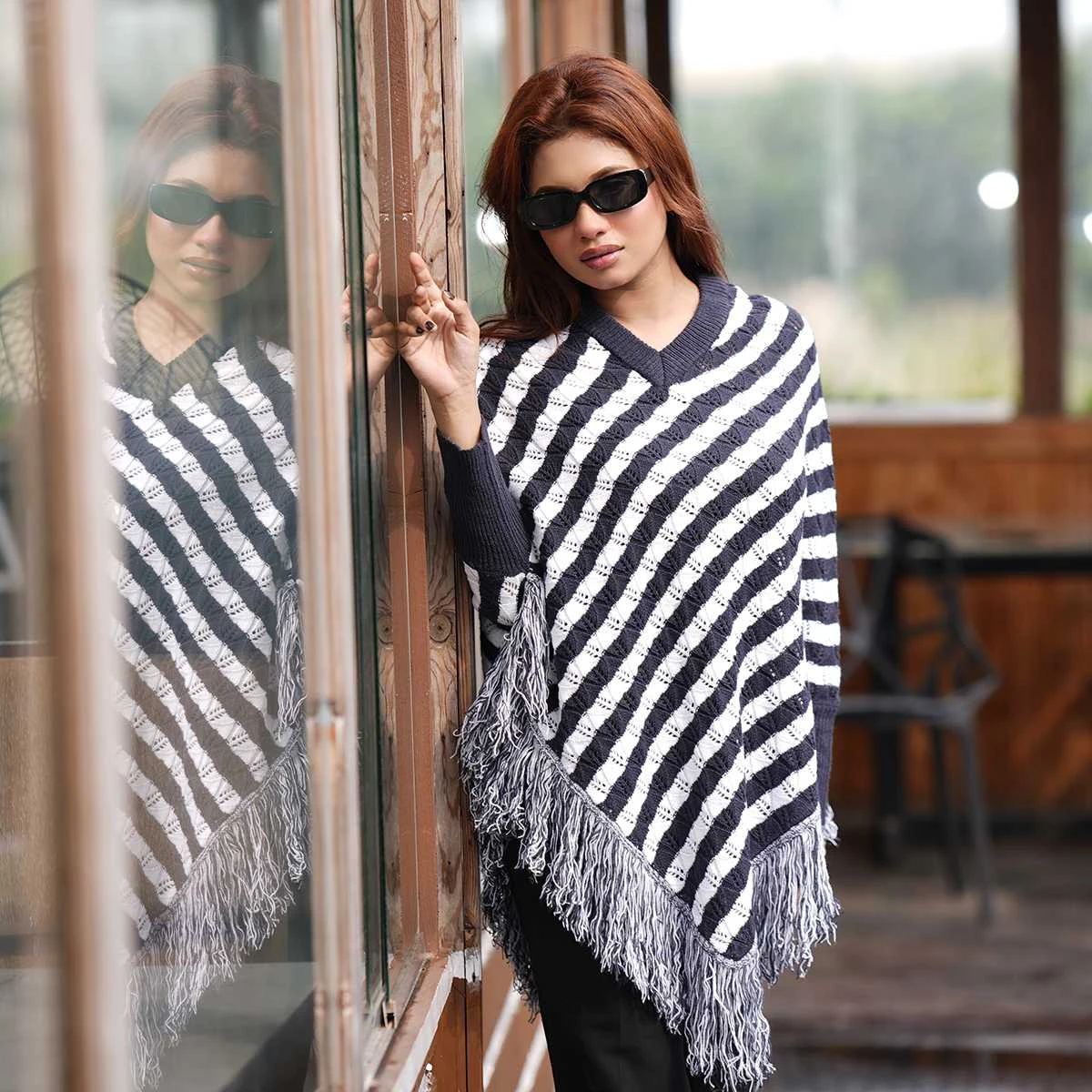 Women’s Black & White Striped Knit Poncho - Image 6