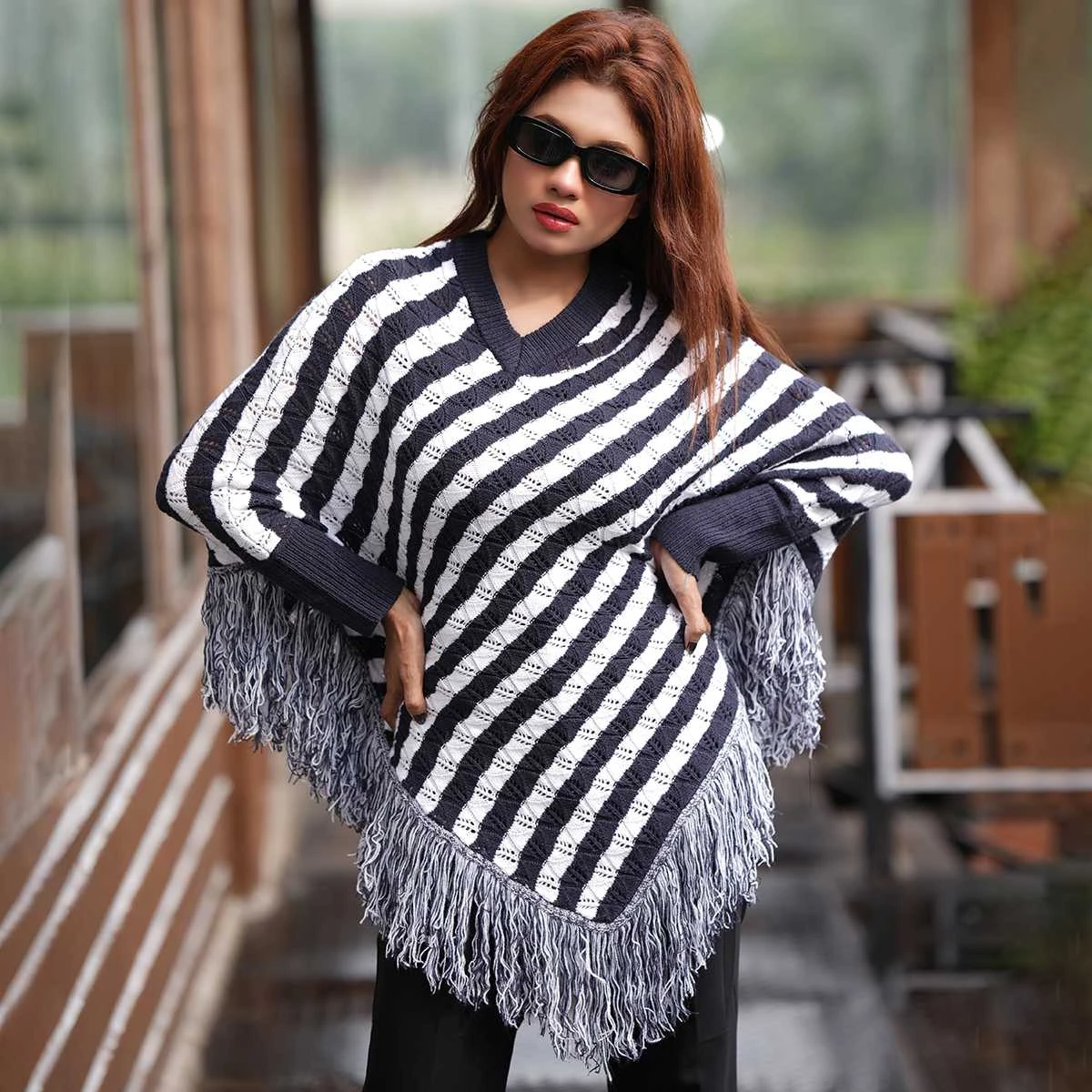 Women’s Black & White Striped Knit Poncho - Image 7