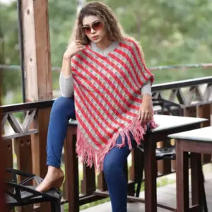 Women’s Red & Grey Striped Knit Poncho