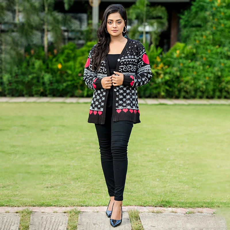 Women’s Premium Winter Jacquard Cardigan – Heart & Snowflake Design - Image 3