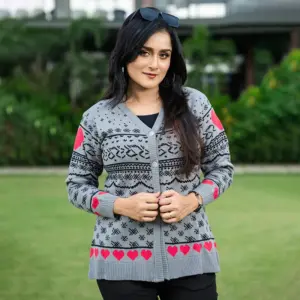 Women’s Premium Winter Jacquard Cardigan – Heart & Snowflake Design