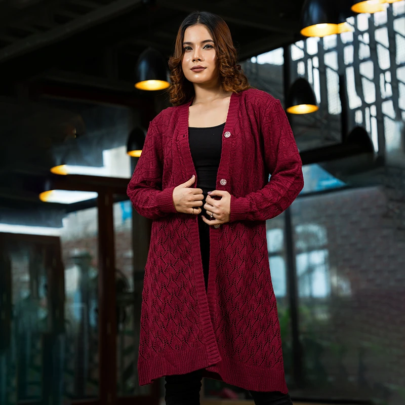 Wine Maroon Classic Knit Cardigan - Image 3