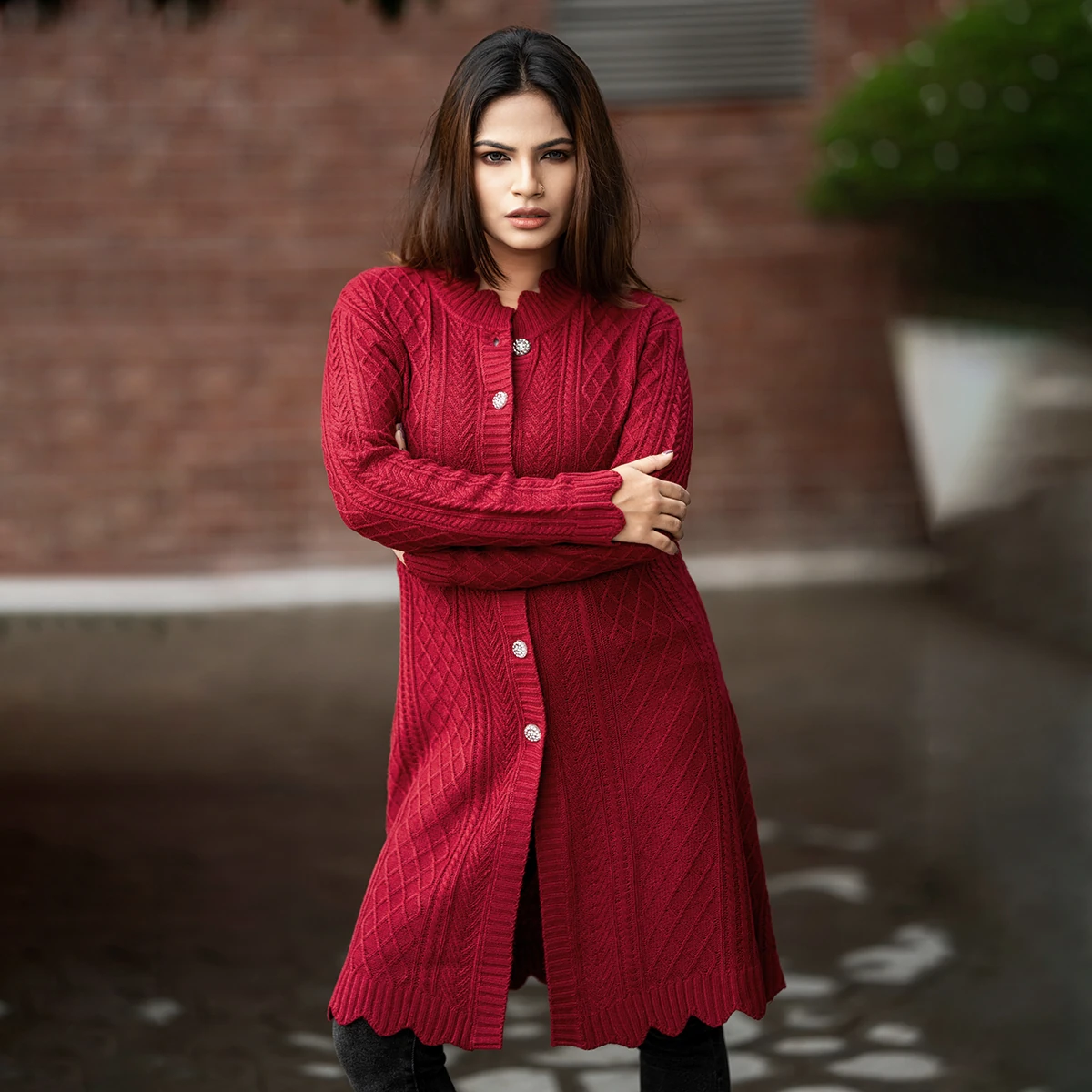 Elegant Maroon Long Knitted Cardigan