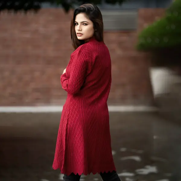 Elegant Maroon Long Knitted Cardigan - Image 2