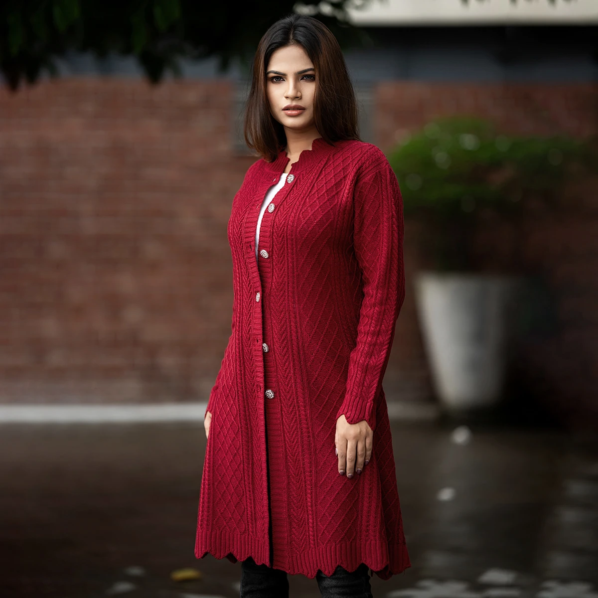 Elegant Maroon Long Knitted Cardigan - Image 5