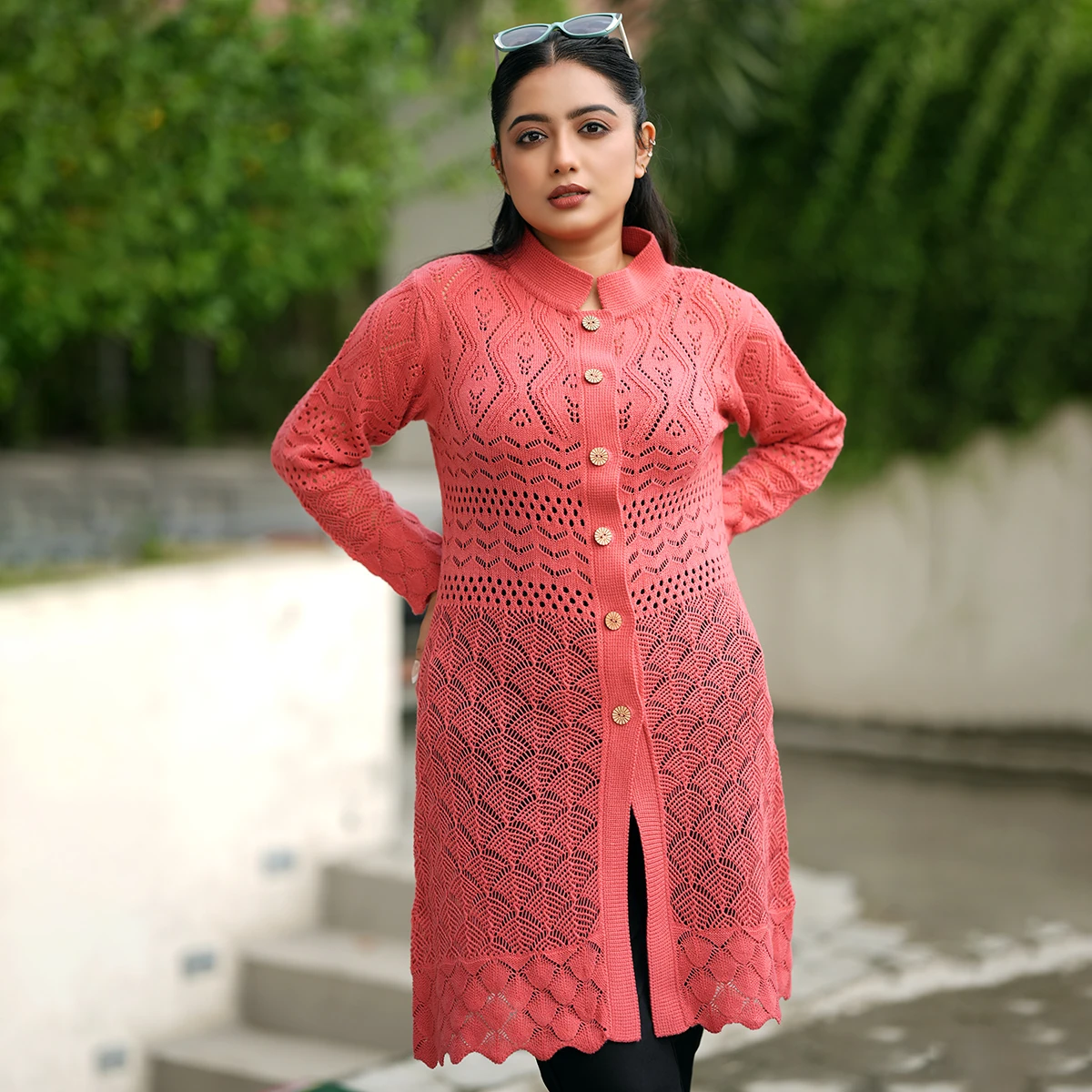 Stylish Coral Long Knitted Cardigan - Image 4