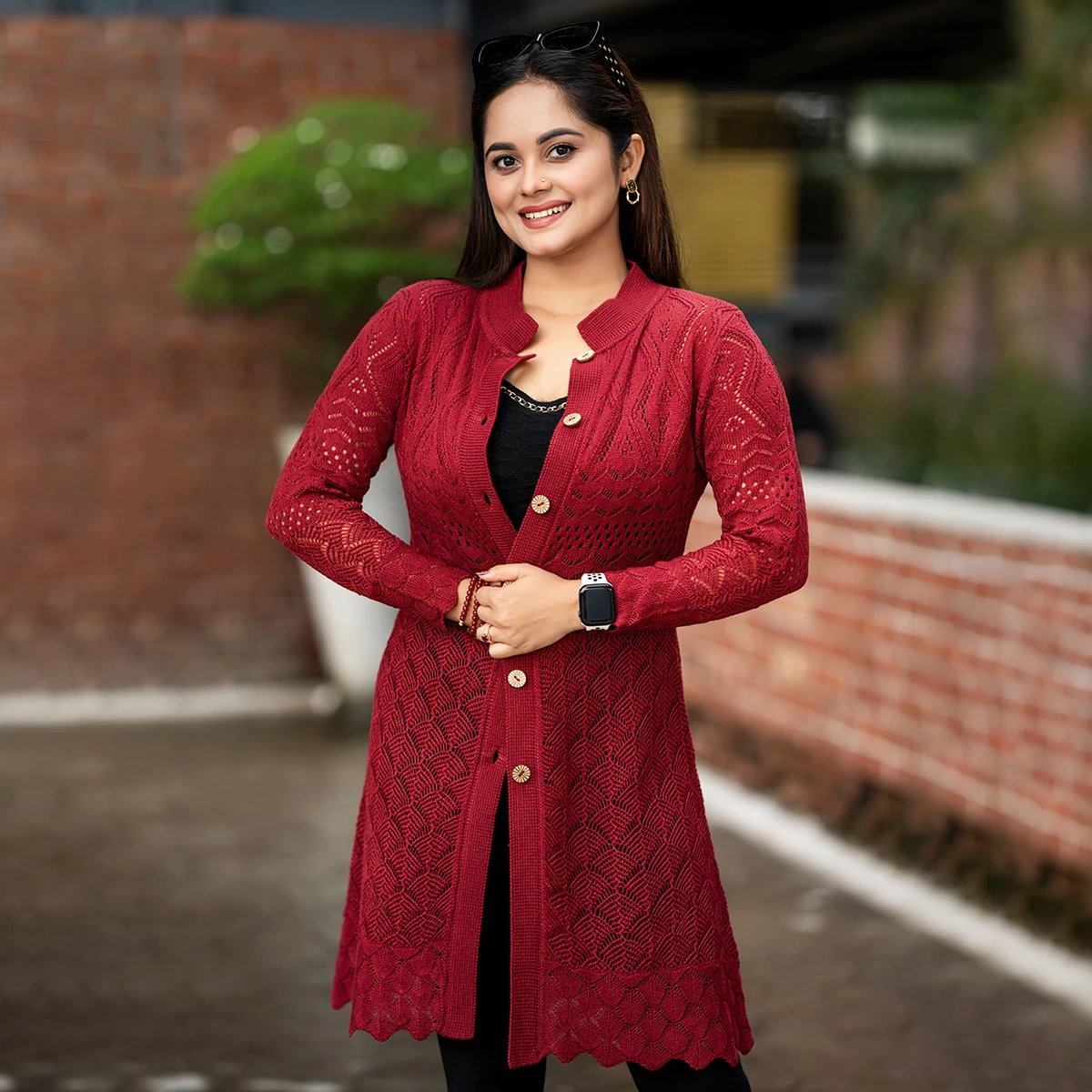 Elegant Maroon Long Knit Cardigan for Women - Image 6