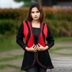 Stylish Black & Red Open Knit Cardigan for Women