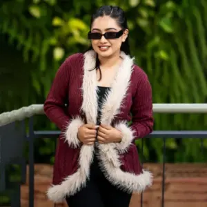 Luxury Wine Fur-Lined Open Knit Cardigan for Women