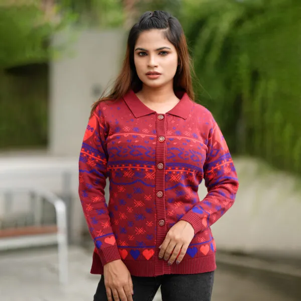 Classic Red & Blue Winter Knit Shirt for Women - Image 5