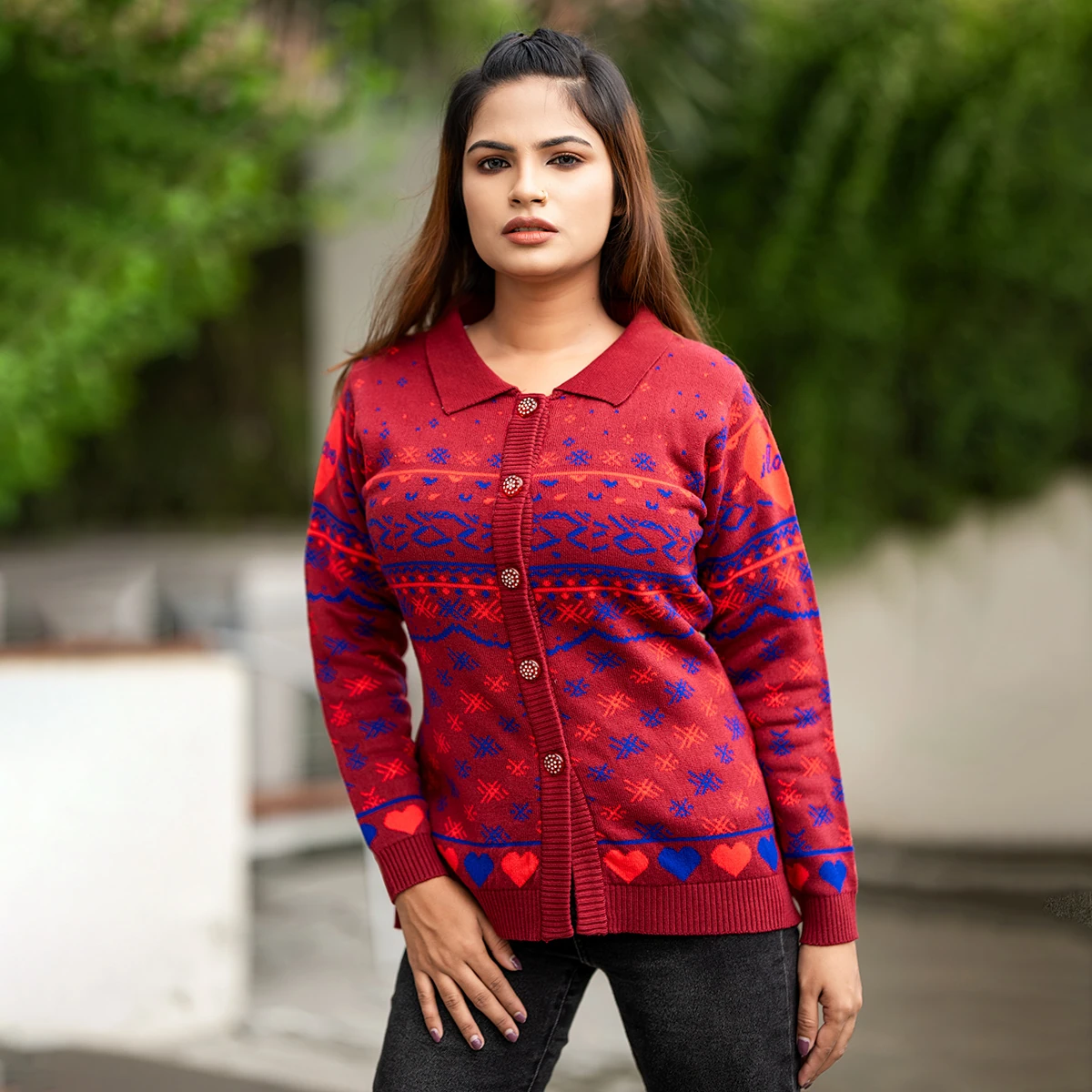 Classic Red & Blue Winter Knit Shirt for Women - Image 4