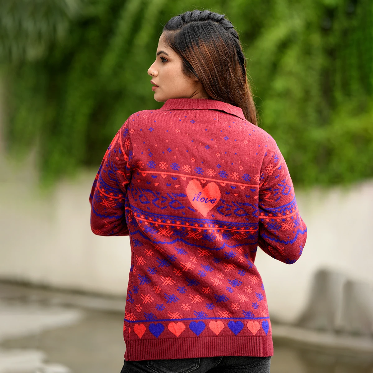 Classic Red & Blue Winter Knit Shirt for Women - Image 3