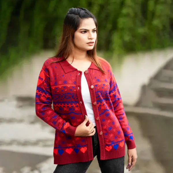 Classic Red & Blue Winter Knit Shirt for Women - Image 2