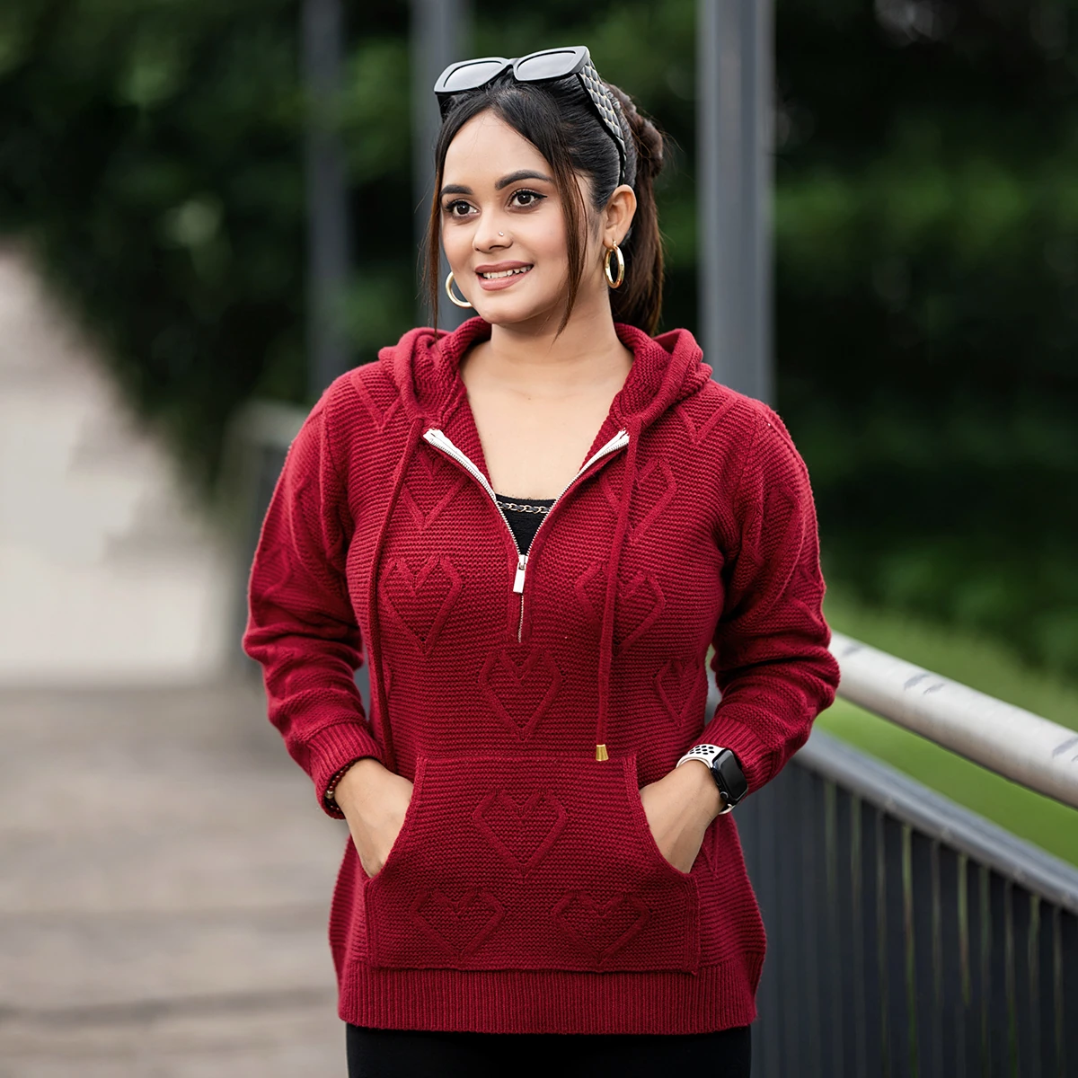 Elegant Maroon Winter Knit Hoodie for Women