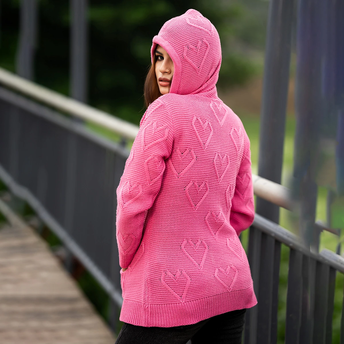 Trendy Pink Winter Knit Hoodie for Women - Image 4