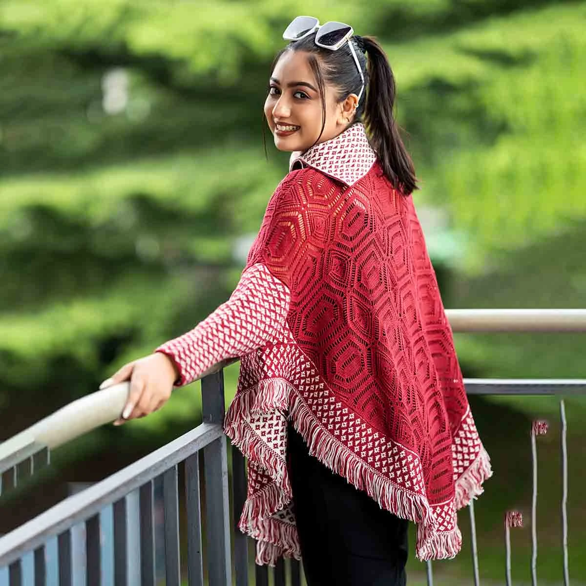 Premium Maroon & White Knit Poncho for Women - Image 3
