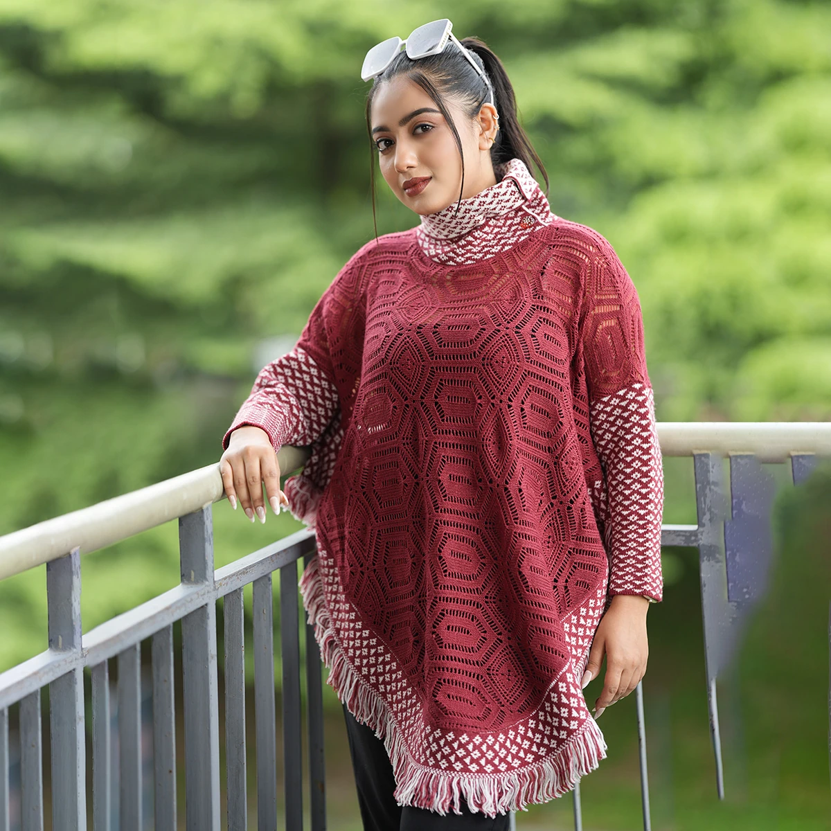 Premium Maroon & White Knit Poncho for Women - Image 4