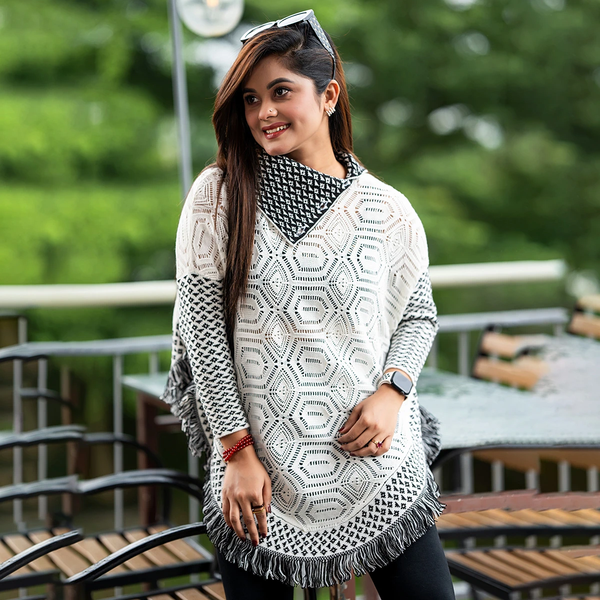 Elegant White & Black Knit Poncho for Women