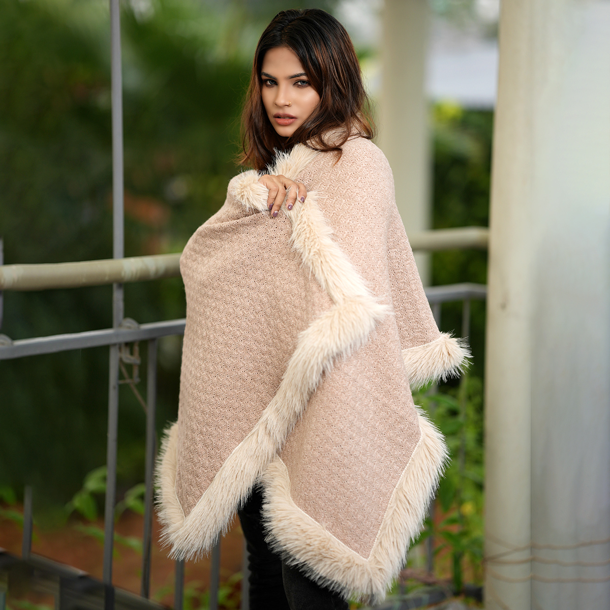 Luxury Beige Fur-Lined Knit Shawl for Women - Image 4