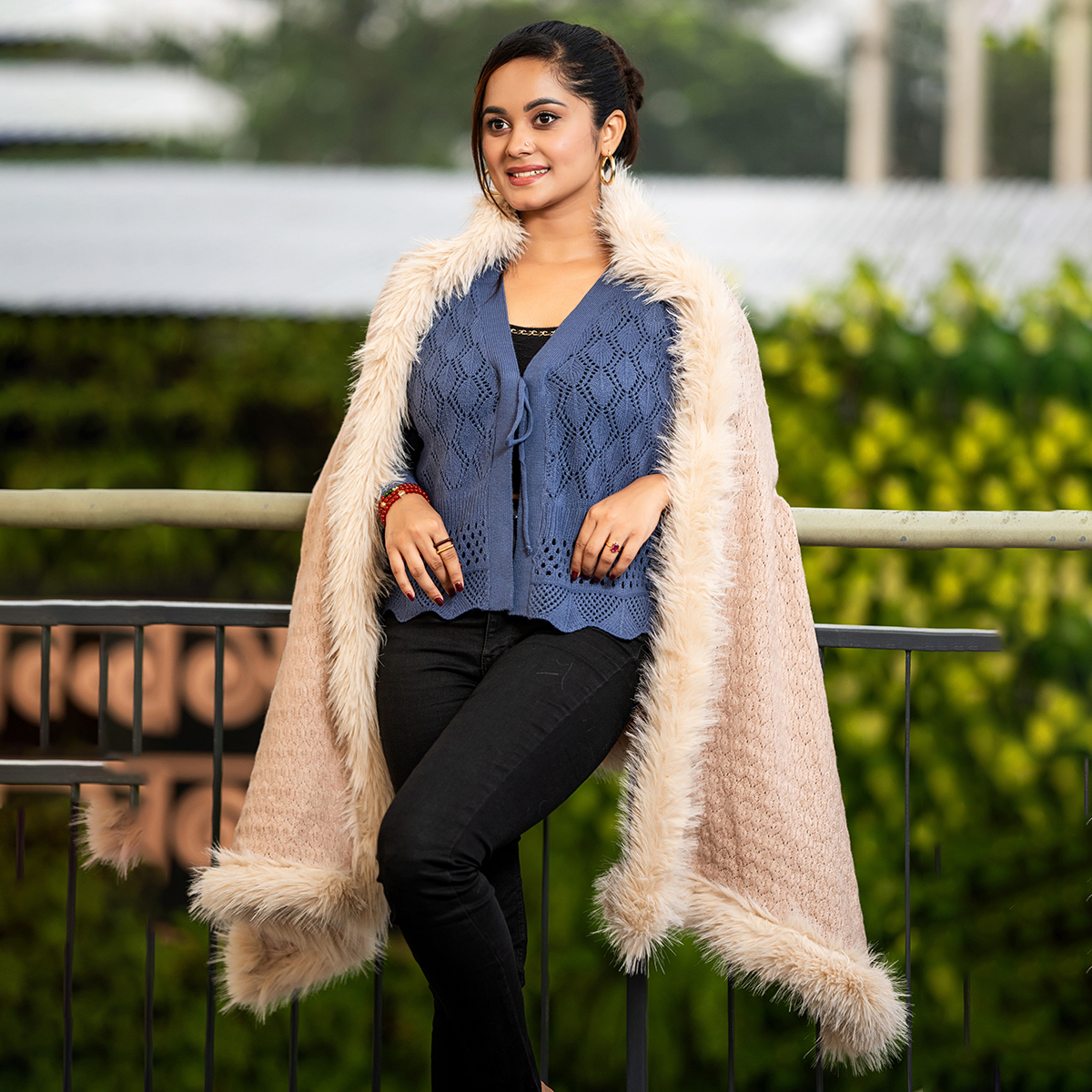 Luxury Beige Fur-Lined Knit Shawl for Women - Image 5