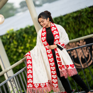 Elegant White & Red Winter Knit Shawl for Women