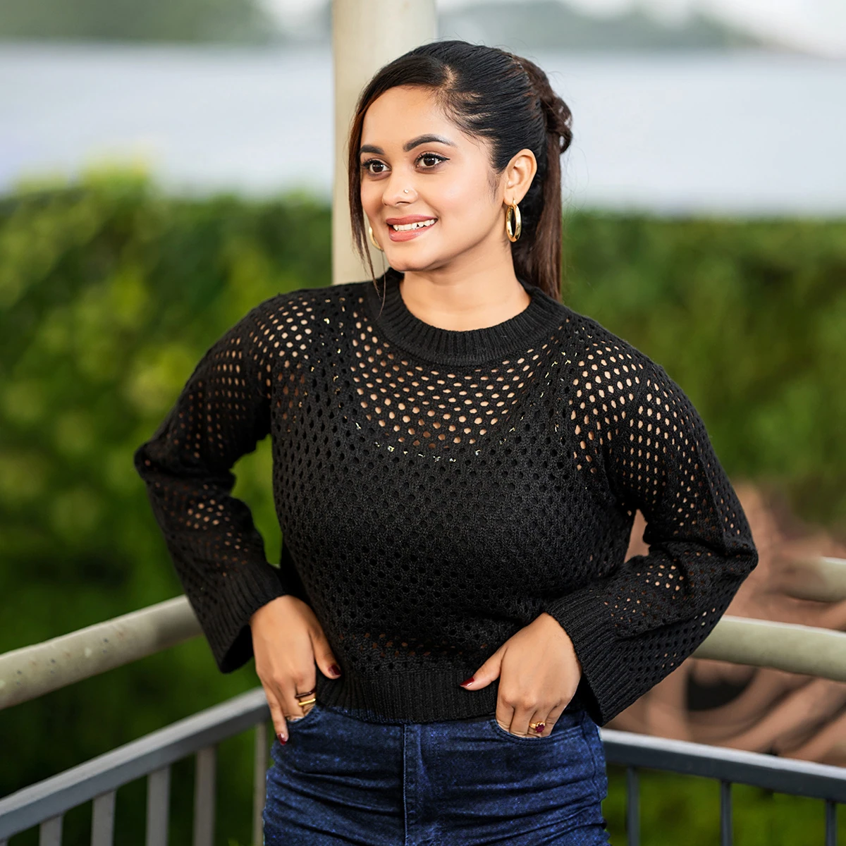 Elegant Black Crochet Knit Top for Women