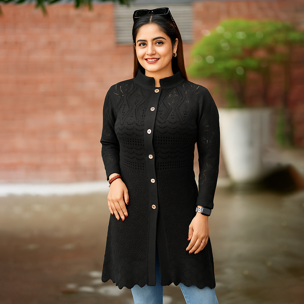 Women’s Premium High-Neck Lace-Knit Long Winter Cardigan - Image 3